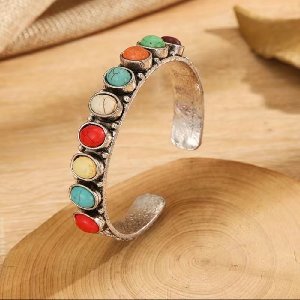 2 LEFT! Bohemian Mutli Colored Turquoise Bangle Cuff Bracelet - Picture 2 of 5